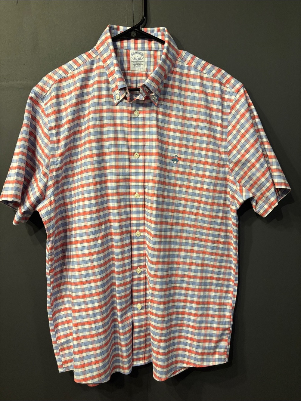 Brooks Brothers Red, Light Blue and White Plaid Short-Sleeve Button-Down Shirt
